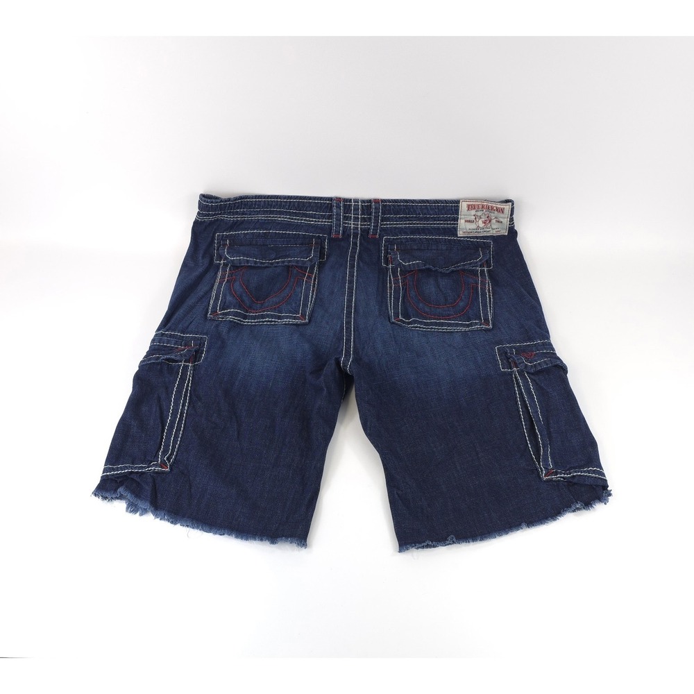 TRUE RELIGION Men's Cargo Cut Off Big T Red Denim Blue Stitch Short Size 44